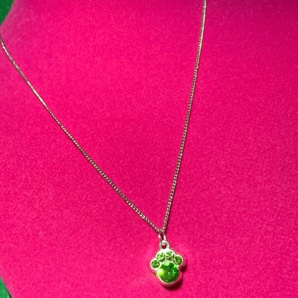 Pet Paw Print Necklace Sterling Silver Green Rhinestone Puppy Dogs Bedazzled Y2K - Picture 9 of 17
